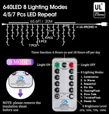 Icicle Christmas Lights Outdoor Decorations 640 LED 65.6 FT 8 Modes LED Icicle String Light with 120 Drops, Fairy String Curtain Lights for Christmas Holiday Decor Wedding Party (Cold White)