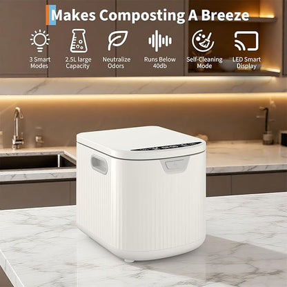 2.5L Fully Automatic Kitchen Compost Bin,Indoor Electric Food Waste Recycler with One-Click Cleaning & LED Display,Fast Fermentation to Organic Fertilizer,Eco-Friendly Countertop Composter
