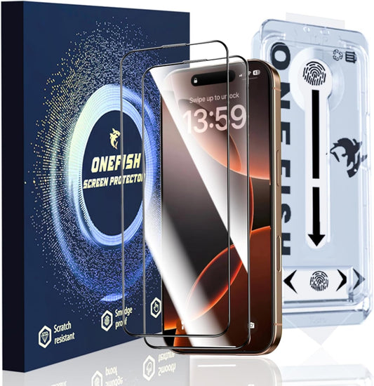 OneFish Full Edge Coverage Tempered Glass Screen Protector for IPhone 15/IPhone 14 Pro 6.1 inch, 2 Pack Edge Reinforcement, Self-Aligning Installation, Case Friendly HD Screen Protectors