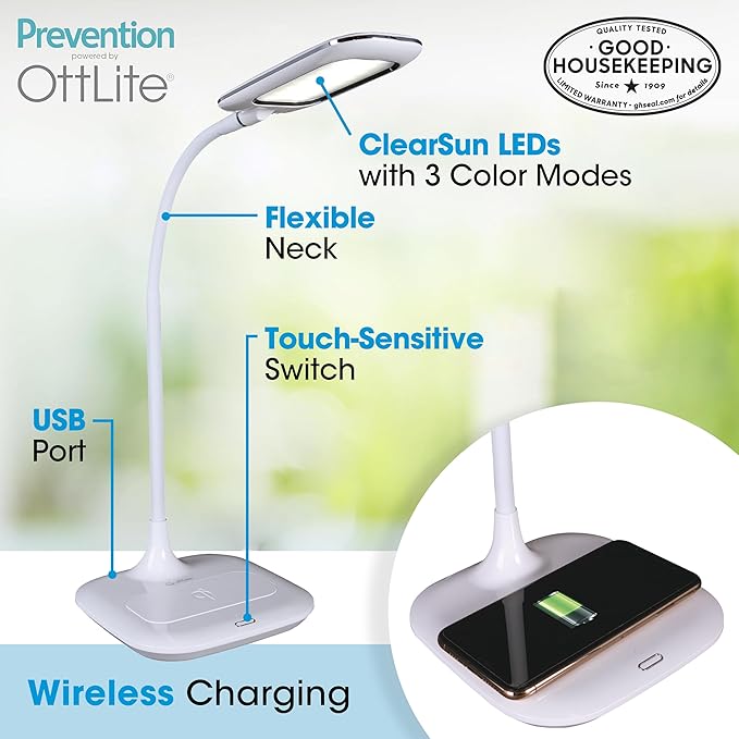 OttLite® Prevention LED Desk Lamp With Wireless Charging, 19-1/2"H, White