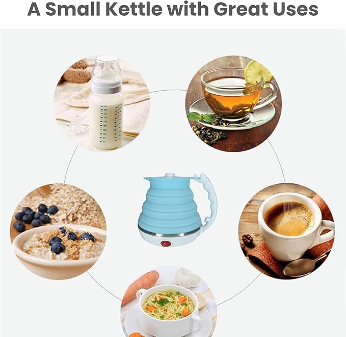 Travel Kettle Electric Foldable, Portable Electric Kettle, Collapsible Kettle Silicone + Paperless Collapsible Coffee Dripper, Travel Pour Over Coffee Maker 1 Cup (Blue)