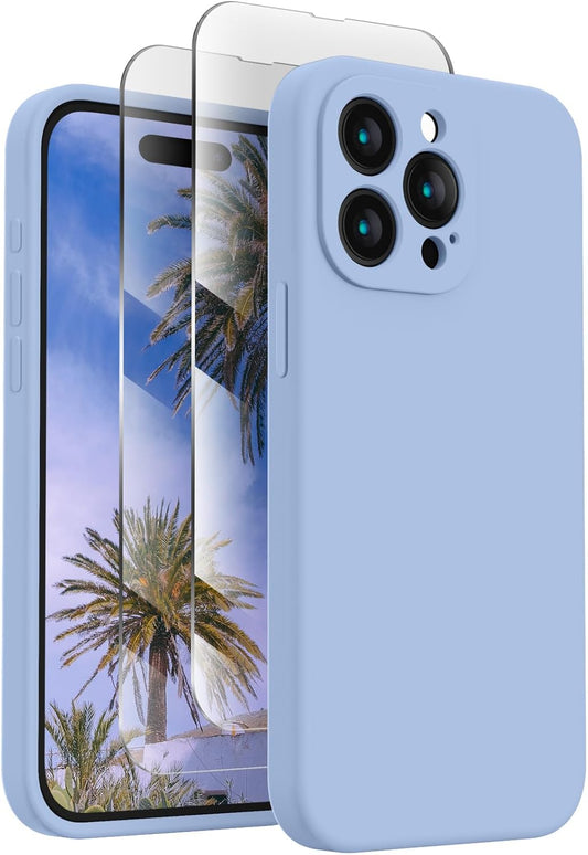 FireNova Designed for iPhone 15 Pro Case, Silicone Upgraded [Camera Protection] Phone Case with [2 Screen Protectors], Soft Anti-Scratch Microfiber Lining Inside, 6.1 inch, Light Blue