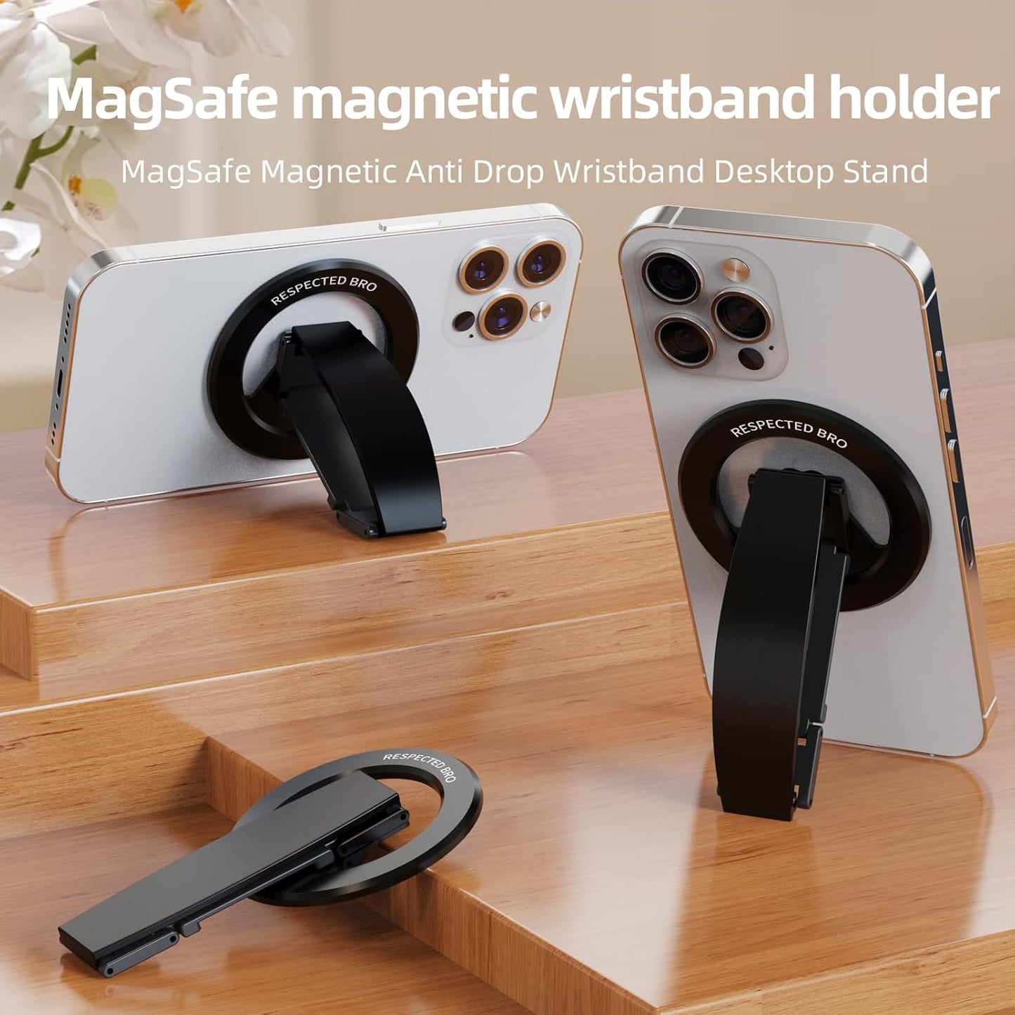 Magnetic-Phone-Grip-Stand, Magnetic Phone Ring Holder Kickstand with Silicone Finger Strap, Compatibility for iPhones, Androids, and More (Black)