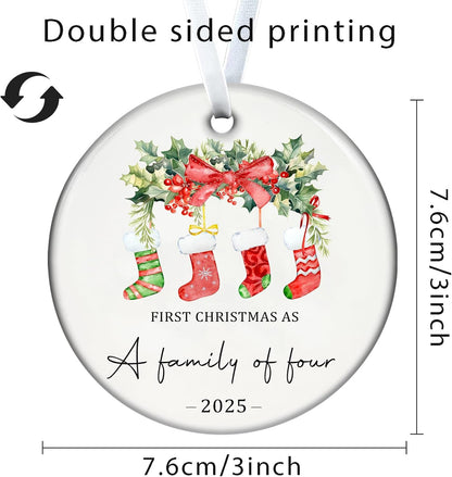 Christmas Ornaments, 3 Inch Ceramic Our First Christmas As a Family of Four 2025 Ornament Personalized New Parents Gifts for Couples Baby First Xmas Hanging Decor for Family of Four