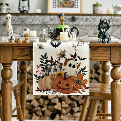 Artoid Mode Pumpkin Ghost Leaves Spider Web 210 GSM Halloween Table Runner, Spooky Kitchen Dining Table Decoration for Home Party Decor 13x90 Inch
