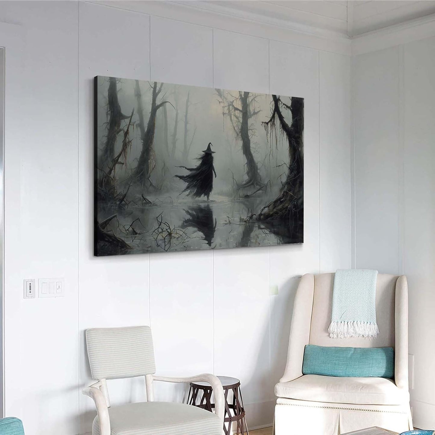 Vintage rustic swamp witch poster dark moody wall art gothic horror season halloween print for home decor retro dark moody painting8x12in Wood Framed