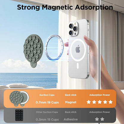 Magnetic Suction Cup Phone Mount for MagSafe Case, Silicone Hands-Free Phone Grip Holder for iPhone and Android, Mirror Shower Phone Stand for Makeup FaceTime Gym Kitchen Bathroom, Calke Green