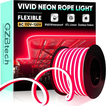 GZBtech Flexible LED Neon Rope Lights 66FT,AC 110-120V Waterproof Strip Light, 120 LEDs/M Cuttable Connectable Neon Lighting for Indoor Outdoor Home Decor/Commercial Building Use-Red 20M