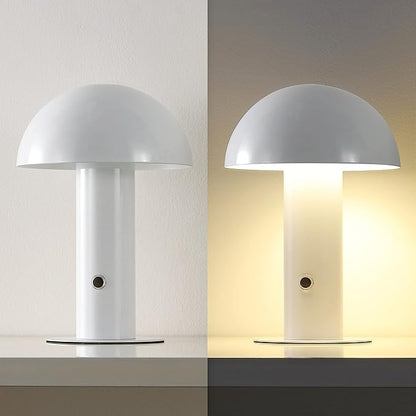 JONATHAN Y 10.75" White Rechargeable LED Mushroom Table Lamp, Cordless Portable Bedside Lamp for Living Room Bedroom, 3-Way Dimmable Modern Iron Desk Light, Metal Shade (JYL7115B)