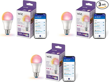 WiZ Connected 100W A19 LED Smart Light Bulbs Color 3-Pack - Connects to Your Wi-Fi - E26 Smart Bulb - Control with Voice or App + Activate with Motion - Matter Compatible