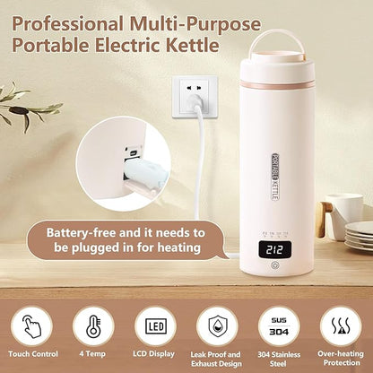 Travel Kettle Mini Portable Electric Kettle with 4 Temperature Settings, Plug in 304 Stainless Steel Mini Travel Electric Kettle with Auto Shut-off (Beige)