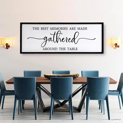 The Best Memories are Made Gathered Around The Table Sign Framed Wall Art, 40''×15'' Rustic Horizontal Plaque with Black Frame for Dinning Living Room, Long Home Family Wood Sign Wall Decor