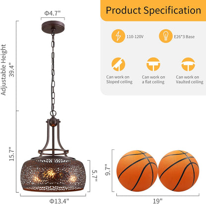 WUZUPS Chandelier Rustic Farmhouse Industrial Round Ceiling Pendant LED Light Fixture with Later-Cut Openwork Drum Shade, H 15.7" x W 13.4", Oil Rubbed Bronze