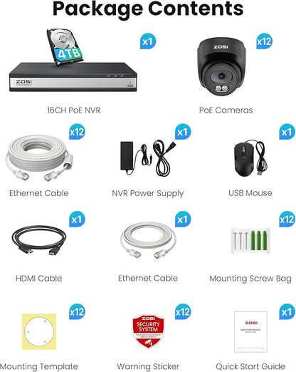 ZOSI C220 16CH 4K PoE Home Security Camera System, 16 Channel 4K 8MP NVR with 4TB HDD for 24/7 Record, 12 x 4MP(1440p) QHD 2.5K Dome IP Cameras Outdoor Indoor, Smart AI Human Detection, Two-Way Audio