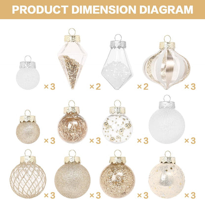 Christmas Ball Ornaments Set, 34PCS Clear Plastic Shatterproof Christmas Ornaments for Xmas Tree Hanging Decorations, for Indoor Home Thanksgiving Party Decor - Champagne/White.