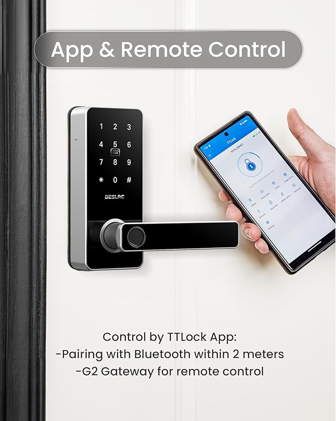 DESLOC B200L Fingerprint Smart Lock with Handle, Keyless Entry Door Locks for Front Door and Bedrooms, App Control, Touchscreen Keypad, Auto-Lock, 12-Month Battery, Emergency Power Port, IP54 Silver