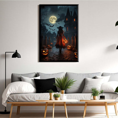 JFHCQJPK Halloween theme poster moonlit autumn night witch vintage poster art print dark college style gothic painting canvas wall decoration bedroom living room ideal gift12x16in Metal blackFramed