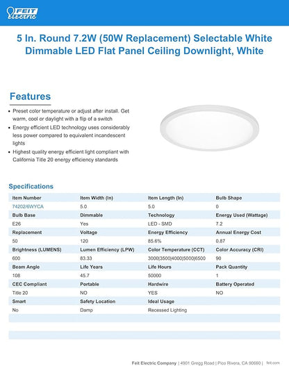 Feit Electric LED Ceiling Downlight, Dimmable Flat Panel Ceiling Light with Color Selection (5CCT), TP24 Adapter Included