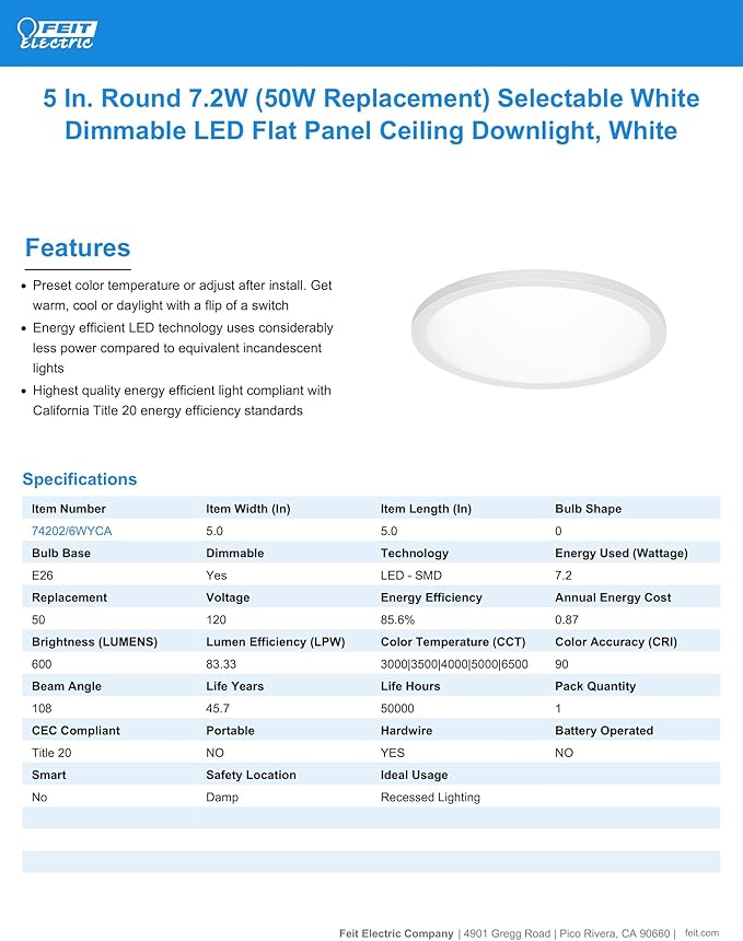 Feit Electric LED Ceiling Downlight, Dimmable Flat Panel Ceiling Light with Color Selection (5CCT), TP24 Adapter Included