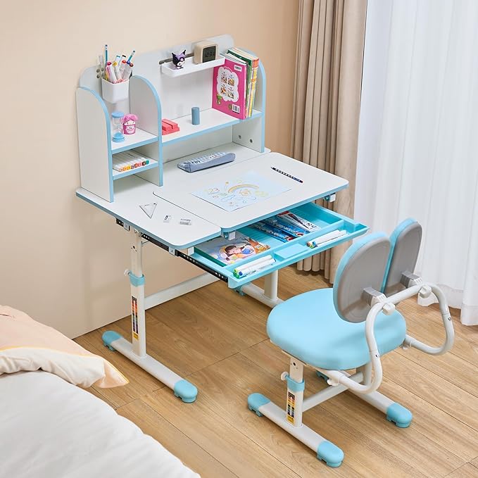 VEVOR Kids Study Chair and Desk Set, Study Desk and Chair for Kids with Bookshelf & Storage Drawer, Adjustable Height & 0-40 Tilted Desktop, Blue