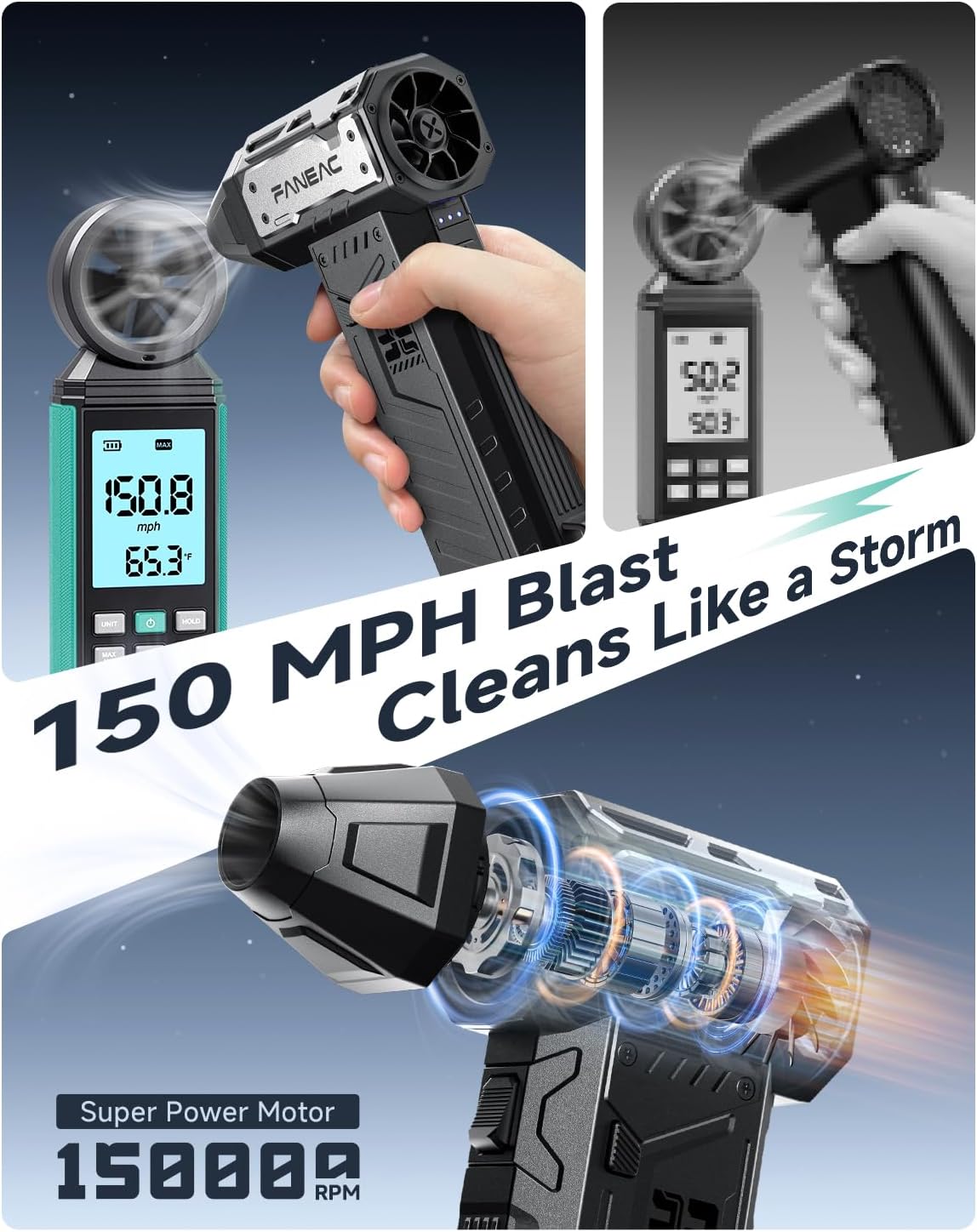 Compressed Air Duster, Ultra-Powerful Electric Air Duster, 150,000 RPM Premium Brushless Motor, for Keyboard, PC, Electronics, and All Filterse (2× Battery Pack)