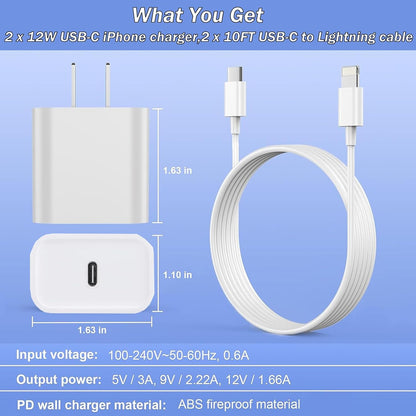 iPhone Fast Charger, [Apple MFi Certified] 2 Pack PD USB C Wall Charger Block Plug with 10FT Extra Long Type C to Lightning Fast Charging Data Sync Cable for iPhone 14 13 12 11 XR X 8 iPad and More