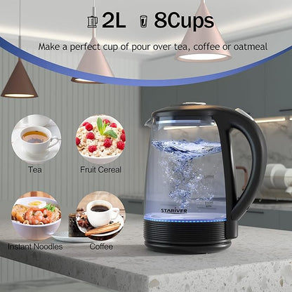 Stariver Electric Kettle, BPA-Free Glass Tea Kettle with LED, 2L Hot Water Kettle with Fast Boil, Auto Shut-Off & Boil-Dry Protection, Stainless Steel Inner Lid & Bottom, Black