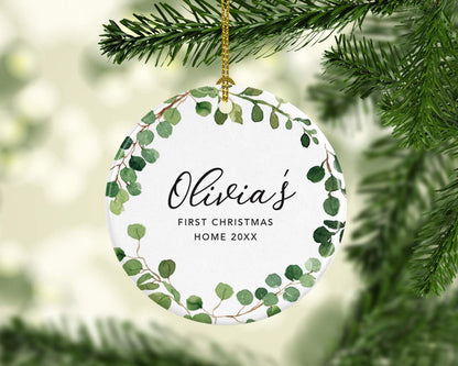 Andaz Press Personalized Round Ceramic Porcelain Christmas Tree Ornament Keepsake Collectible New Baby Gift, Olivia's First Christmas Home 2025, Farmhouse Eucalyptus Wreath, 1-Packs