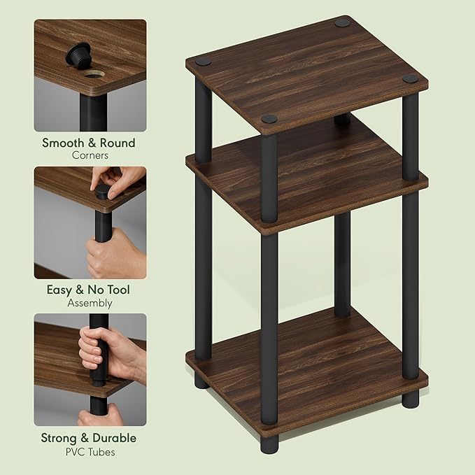 Furinno Turn-N-Tube Side Table, 3-Tier End Table with Open Shelf, Toolless Assembly Night Stand, Bedside Table, for Living Room, Bedroom, Brown Walnut