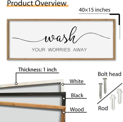 SRSZHIYUE Wash Your Worries Away Bathroom Sign Wall Art 40"x15" Funny Restroom Toilet Large Wood Framed Hanging Decor (Wood)