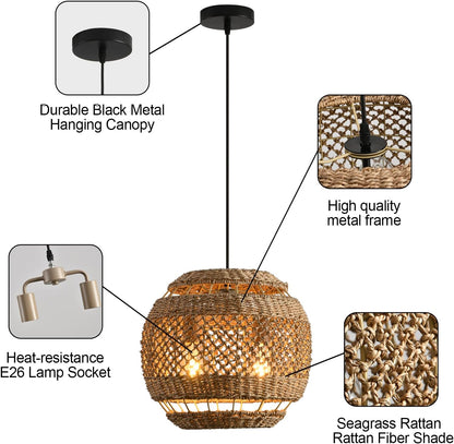 Rattan Pendant Light 13.78" Boho Wicker Seagrass Pendant Light 2-Light Hand Woven Water Plants Rattan Chandelier for Dining Living Bedroom Kitchen Farmhouse
