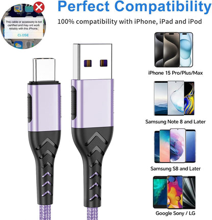 Durcord USB Type C Cable, 2Pack 3ft USB A to USB C Cable 3 Feet USB Type C Cord Cable for Android Phone Pad Laptop, 10 Foot Type C Charger Premium Nylon Braided USB Cable -Light Purple