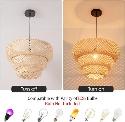 Bamboo Pendant Light,18.5" Boho Rattan Hanging Light 3-Tier Hand Woven Wicker Chandelier for Kitchen Island for Kitchen Island Dining Bedroom Living Room Restaurants
