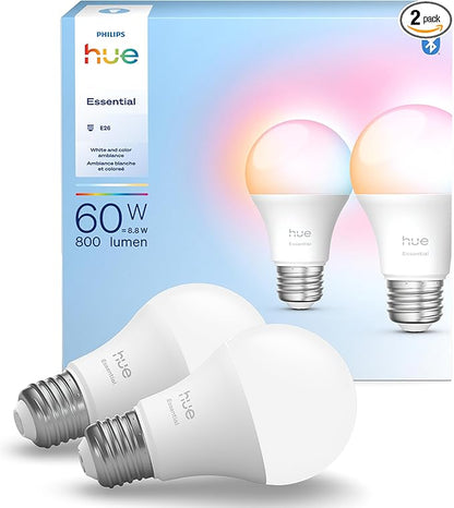 Philips Hue Essential Smart LED A19 Bulb, White and Color Ambiance, E26 Base, 8.8W, 2200K-6500K, 800 Lumens, Dimmable, Works with Alexa, Google, and Apple Home, 2-Pack