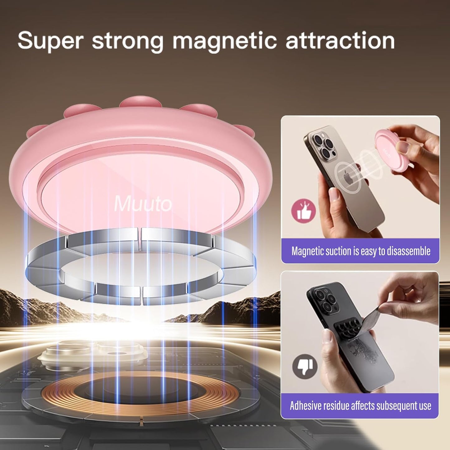 Muuto Silicone Sticky Phone Grip,Phone Grips for Back of Phone with Stronger Magnetic Attraction,Silicon Sticky Phone Grip Hands-Free Selfie/Video for Creator/Influencer,Women Live Makeup