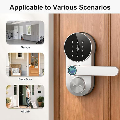 SMONET Smart Lock Keyless Entry Keypad Door Lock with Handle: WiFi Smart Fingerprint Lock for Front Door Easy Installation App Remote Control 2-Pack,WiFi Smart Deadbolt,Silver