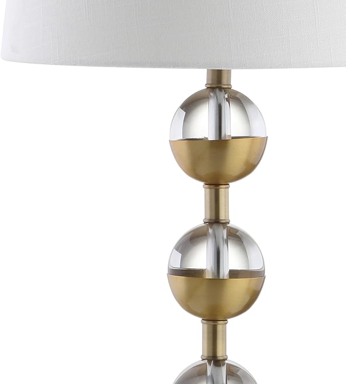 JONATHAN Y 27.5" Clear/Brass Gold Crystal LED Table Lamp Set of 2 for Bedroom, Modern Stacked Sphere Lamps for Living Room, White Linen Drum Shade, LED Bulbs Included JYL2049A-SET2