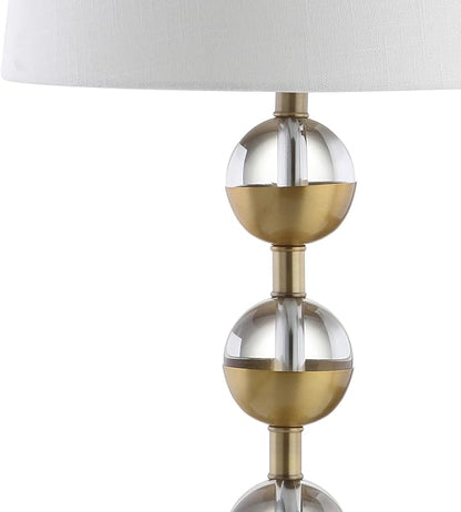 JONATHAN Y 27.5" Clear/Brass Gold Crystal LED Table Lamp Set of 2 for Bedroom, Modern Stacked Sphere Lamps for Living Room, White Linen Drum Shade, LED Bulbs Included JYL2049A-SET2