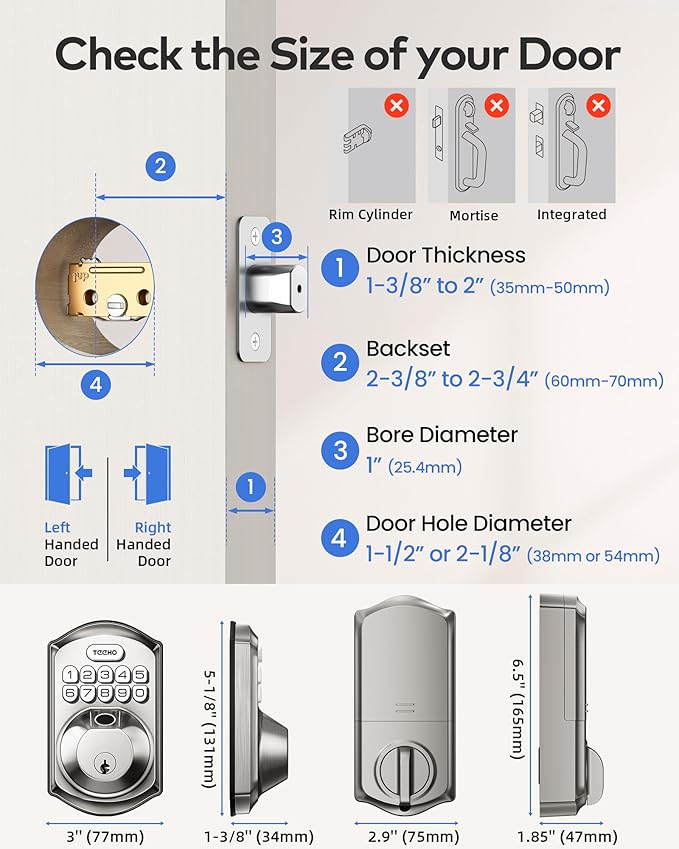 TEEHO TE012W WiFi Smart Lock, Fingerprint Door Lock with Built-in Wi-Fi, Keyless Entry Keypad Smart Deadbolt, App Remote Control, Alexa Compatible, IP55 Waterproof for Front Door – Satin Nickel