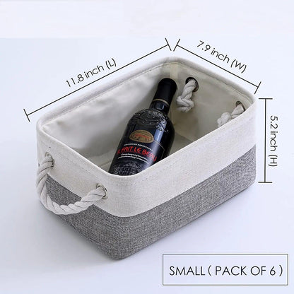 TcaFmac Small Storage Baskets for Shelf 6 Pack Canvas Storage Basket with Handles Fabric Storage Basket for Organizing Storage Bin (White and Grey, 12x8x5")