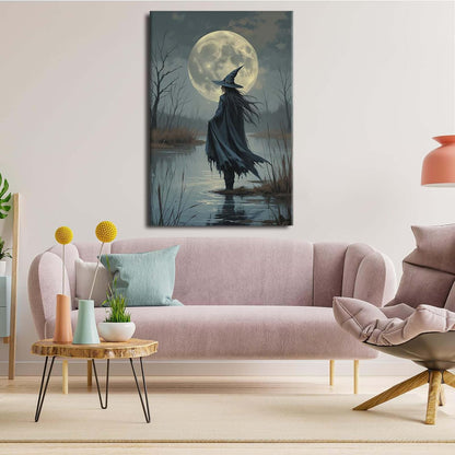 JFHCQJPK Witch in the moonlight magic canvas wall art enchanting Halloween home decor swamp witch silhouette oil painting mysterious gothic aesthetic wall decor print poster16x24in Frameless