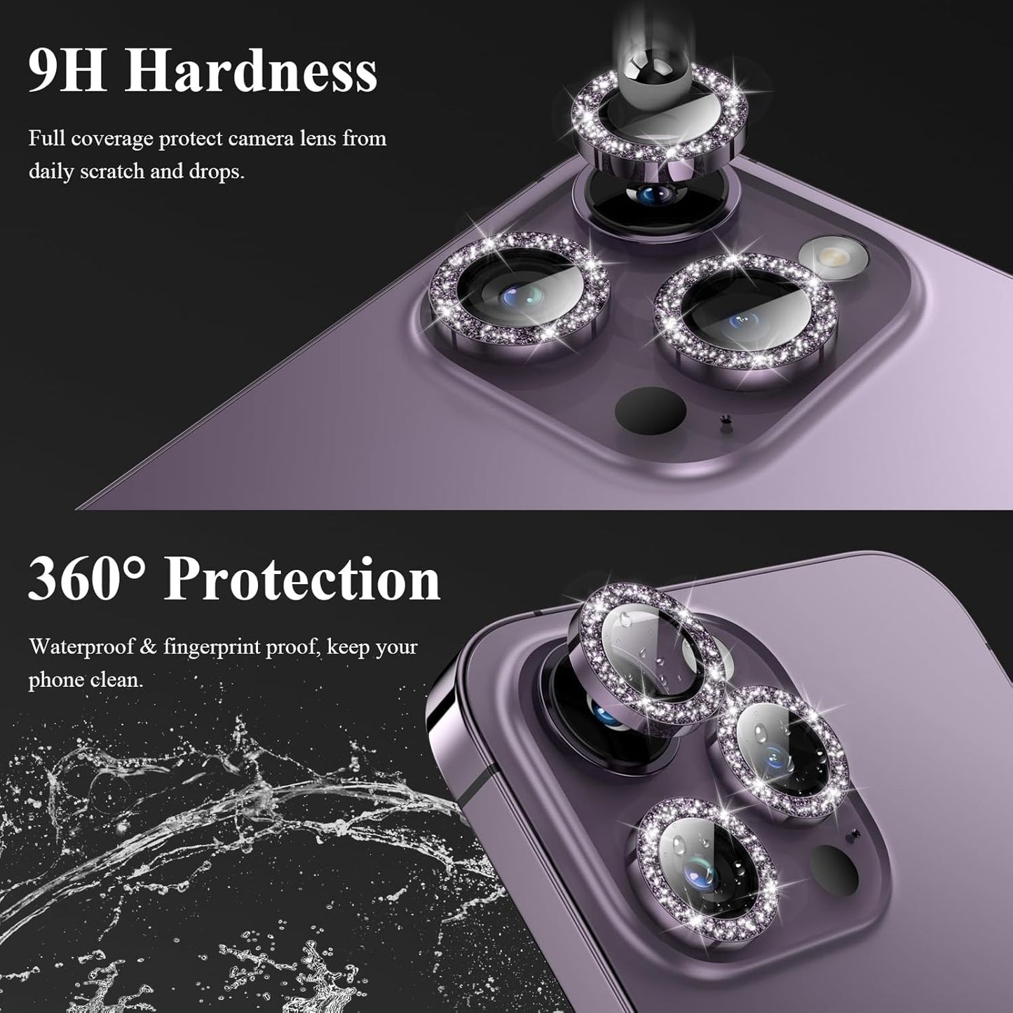 YWXTW Designed for iPhone 14 Pro/iPhone 14 Pro Max Camera Lens Protector Bling, [New Glitter Design] Individual Metal Tempered Glass Camera Cover Accessories Case Friendly, 1 Set (Purple Glitter)