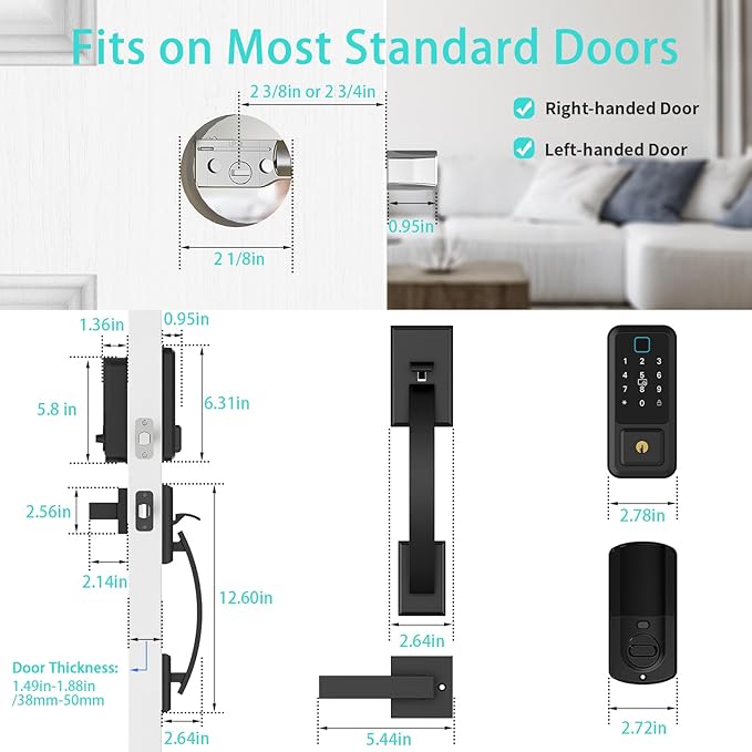 Smart Locks for Front Door with Handle Set, App Control, WiFi Front Door Lock Touchscreen keypad, Keyless Entry Door Lock Fingerprint Deadbolt, Auto Lock (Black)