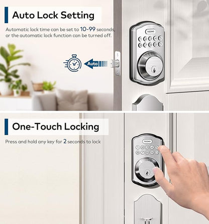 TEEHO TK001H Keyless Entry Door Lock with Handle Set, Electronic Deadbolt Keypad Door Lock with Code, Smart Locks for Front Door, Exterior Door Handle, Auto-Lock, Easy to Install, Satin Nickel