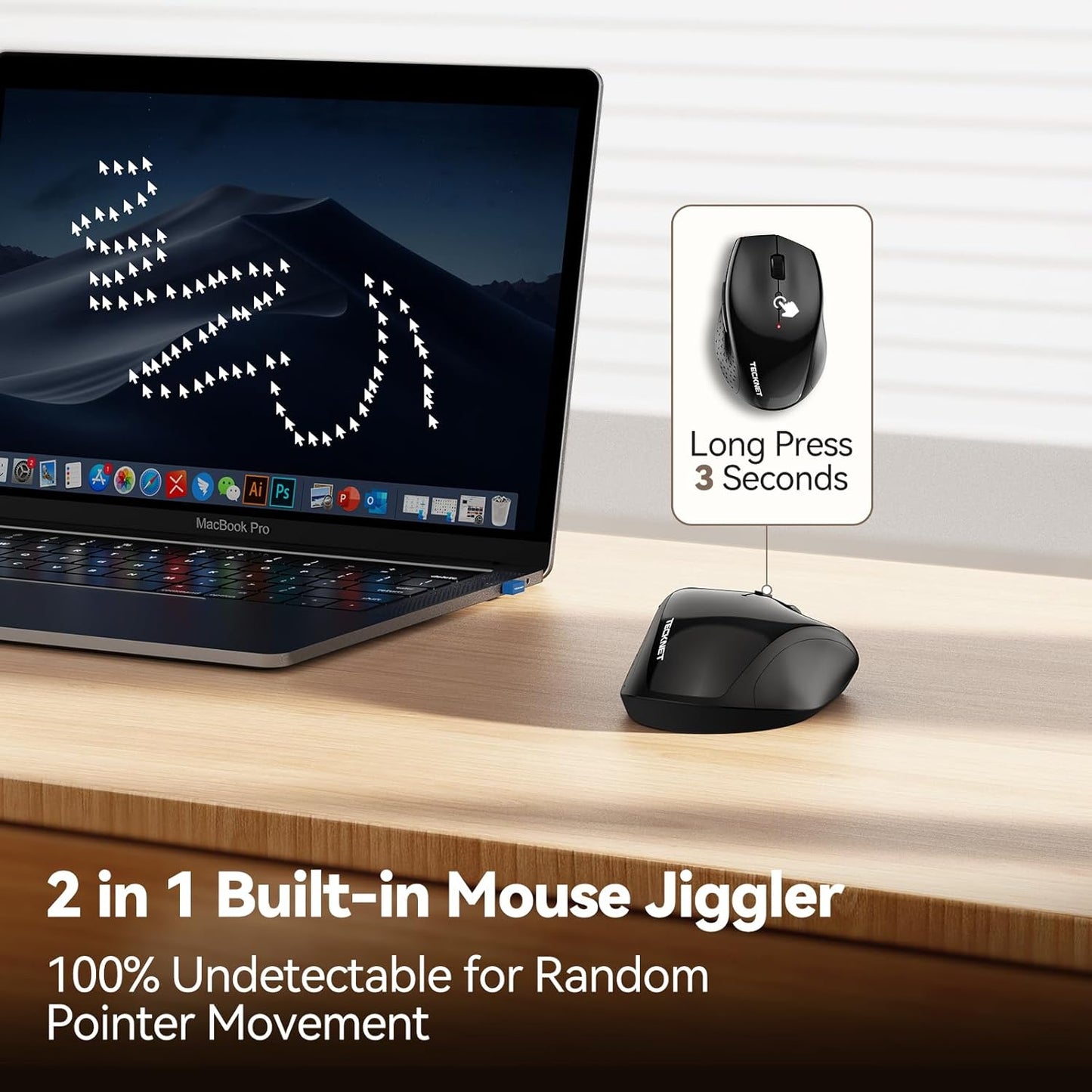 TECKNET Wireless Mouse Jiggler, USB-C Rechargeable Mouse, Silent Mouse Quiet Click, Build-in Mouse Mover, 6400 DPI Ergonomic Mouse, 2.4G Cordless Computer Mice for Mac, Laptop, Desktop, PC