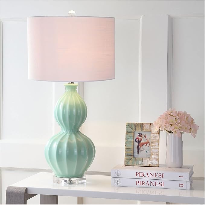 JONATHAN Y 28" Seafoam Green Fluted Ceramic Gourd LED Table Lamp, Midcentury Glam Bedside Lamp for Living Room Bedroom, White Linen Drum Shade, LED Bulb Included JYL5015A