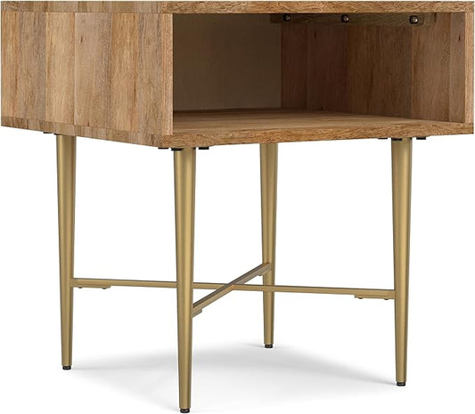 SIMPLIHOME Fallon End Table - 20 inch Wide Solid Mango Wood Square Accent Table with Open Storage Compartment and Gold Metal Base in Natural, Contemporary Nightstand for Living Room or Bedroom