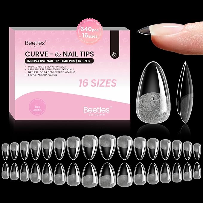 Beetles Gel Almond Nail Tips Short, Curve-EX 640pcs 16 Sizes, Etch-X Half Matte Full Cover Soft Acrylic False Press on Nail Tips Easy DIY Nail Extension Art Salon for Curved & Natural Nail Beds