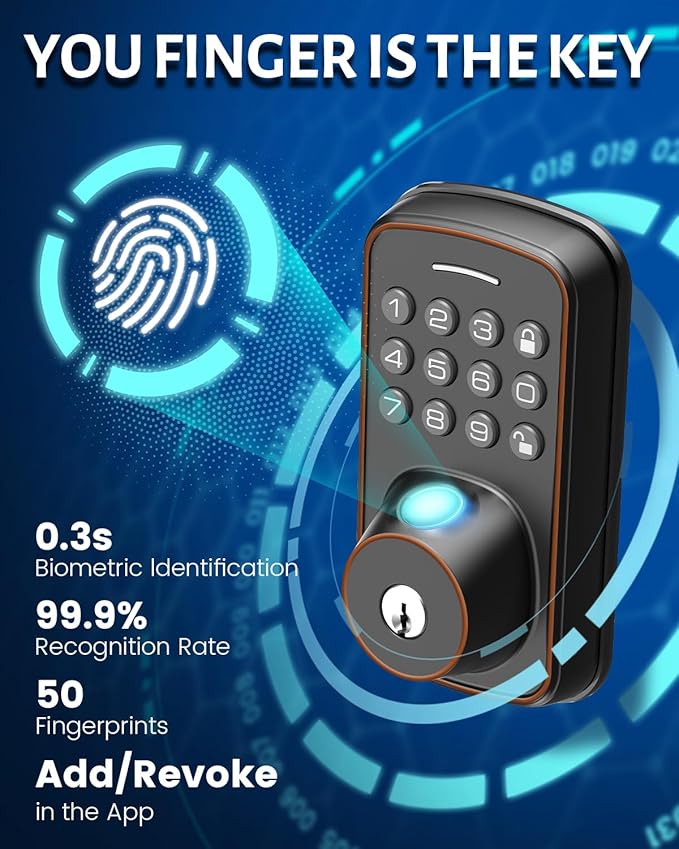 Keyless Entry Door Lock with Handle Set, Smart Door Lock with Fingerprint, 5 in 1 Unlock, Auto Lock Biometric Fingerprint Door Lock for Front Door, Easy Installation (Gold Black)