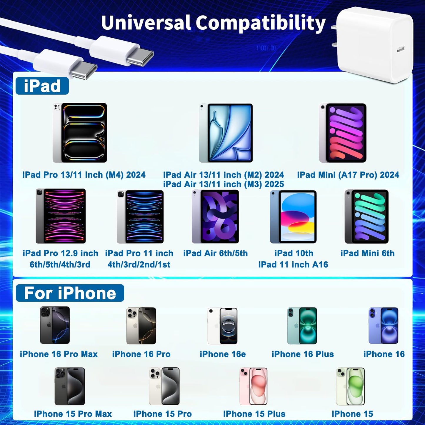 [3 Pack] Long 10FT iPad Pro Charger 20W Fast Wall Charger Block,10Foot USB C to C Cable Fast Charging for iPad Pro 13/12.9/11 inch 2018-2025,iPad 11,iPad Air,Mini 7th/iPhone 16/15 Pro/15 Pro Max